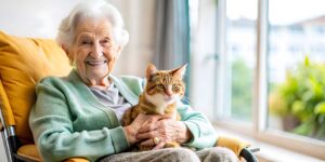 A caregiver and older adult sitting together on a sofa while looking at a photo album