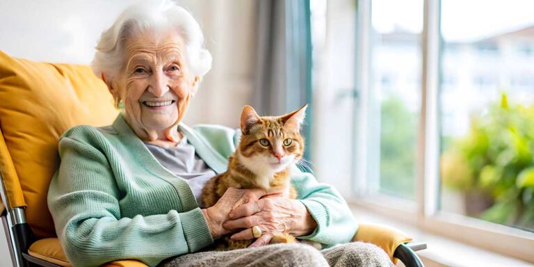 A caregiver and older adult sitting together on a sofa while looking at a photo album